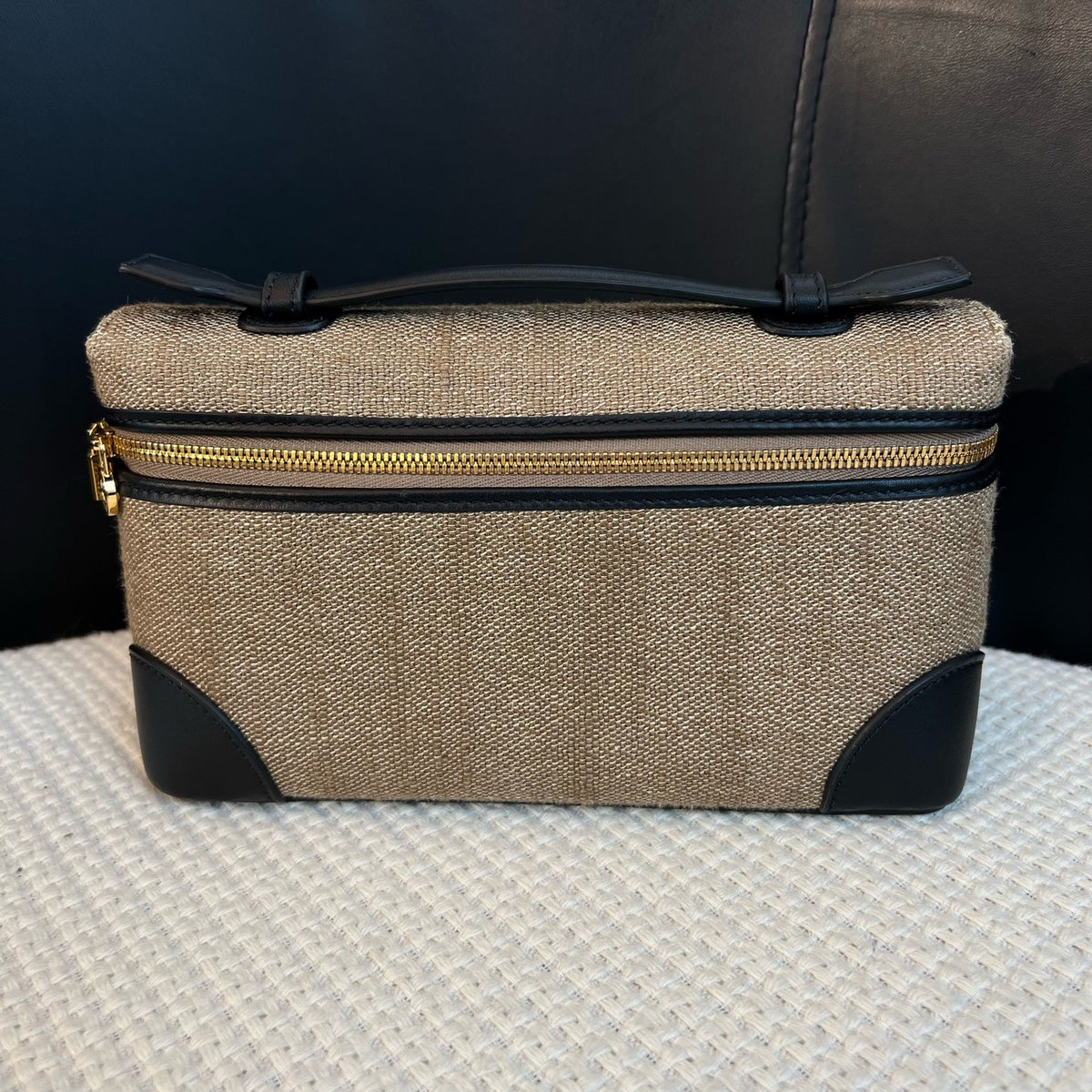 Loro Piana Linen Canvas & Black Leather Bag, Gold Hardware