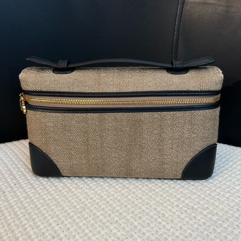 Loro Piana Linen Canvas & Black Leather Bag, Gold Hardware