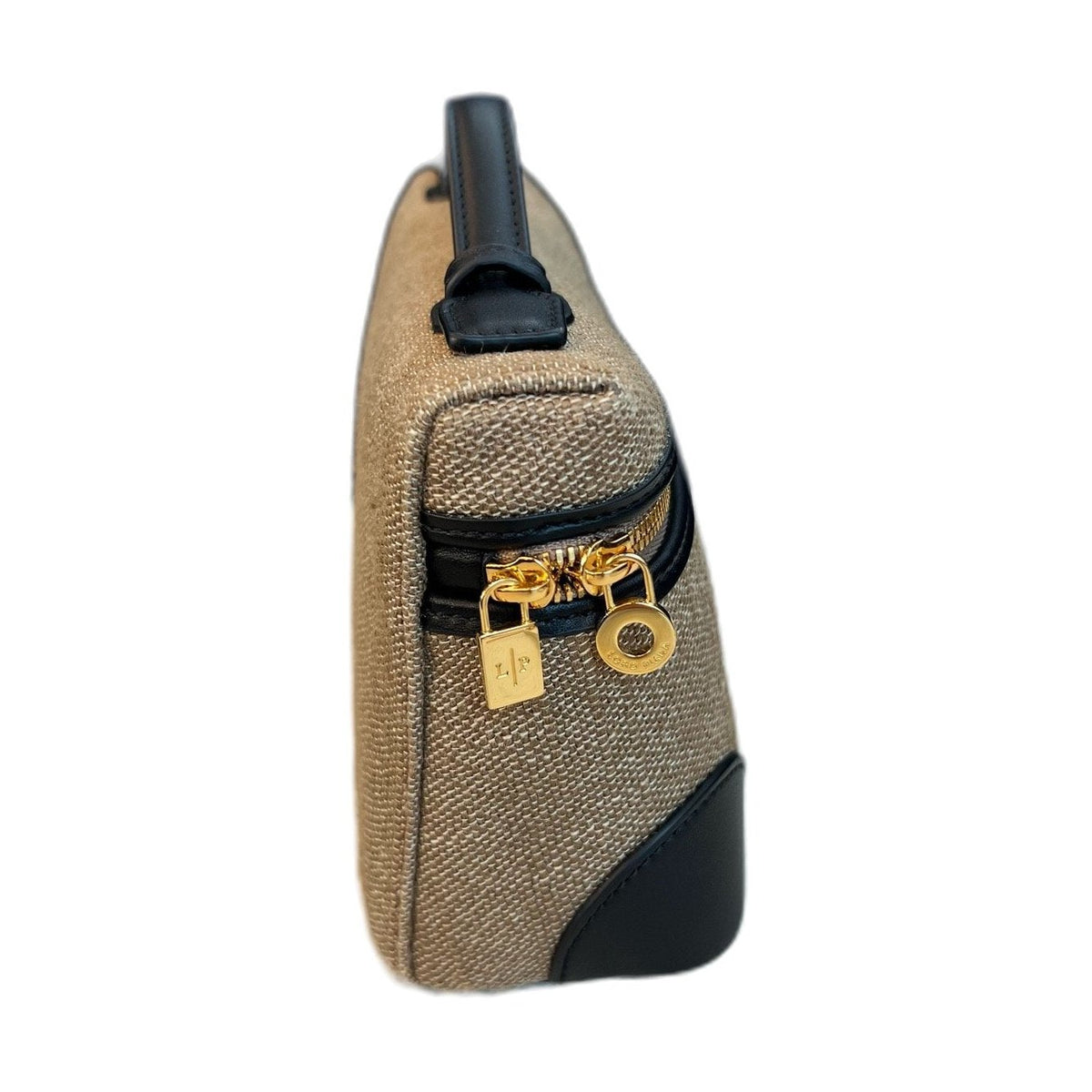 Loro Piana Linen Canvas & Black Leather Bag, Gold Hardware