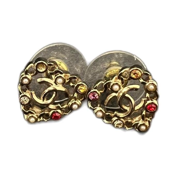 Chanel 21P Heart Cutout Color Gemstone Stud Earrings Double C Logo