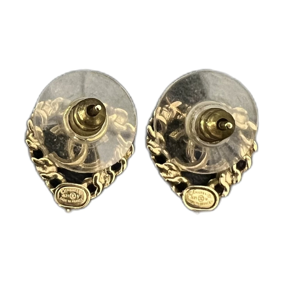 Chanel 21P Heart Cutout Color Gemstone Stud Earrings Double C Logo