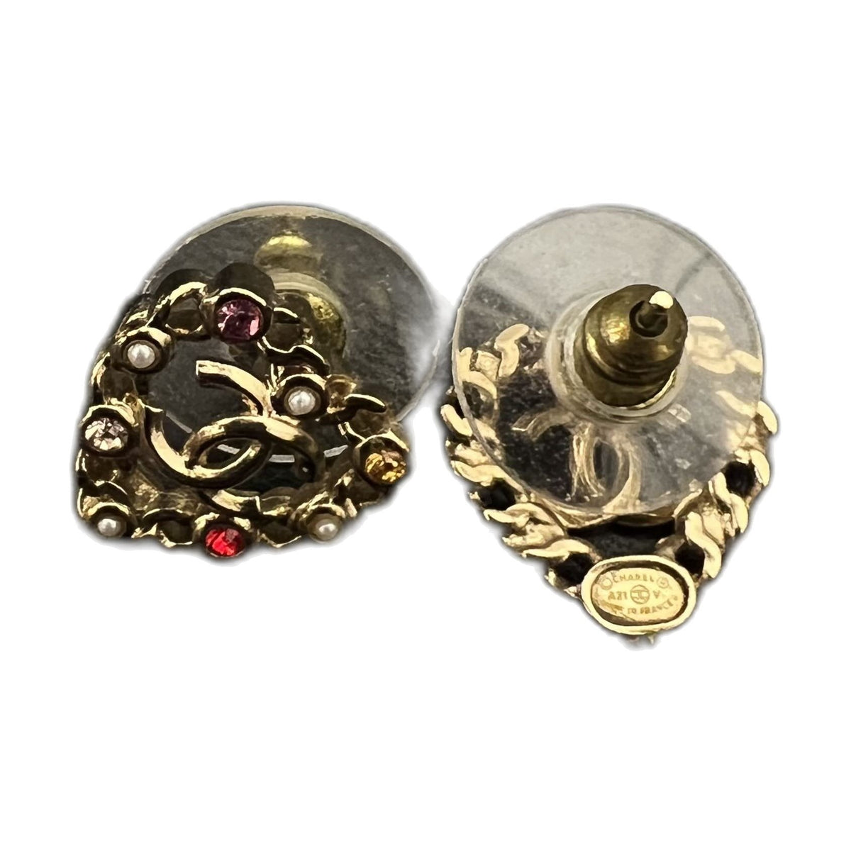 Chanel 21P Heart Cutout Color Gemstone Stud Earrings Double C Logo