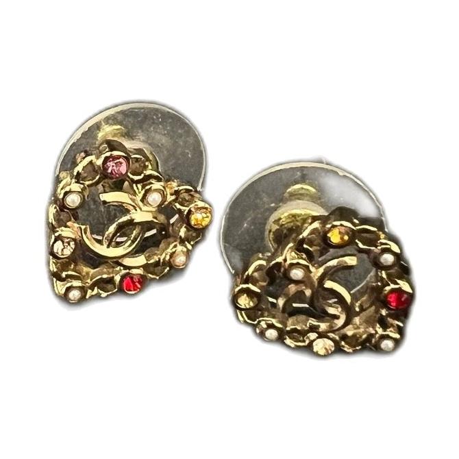 Chanel 21P Heart Cutout Color Gemstone Stud Earrings Double C Logo