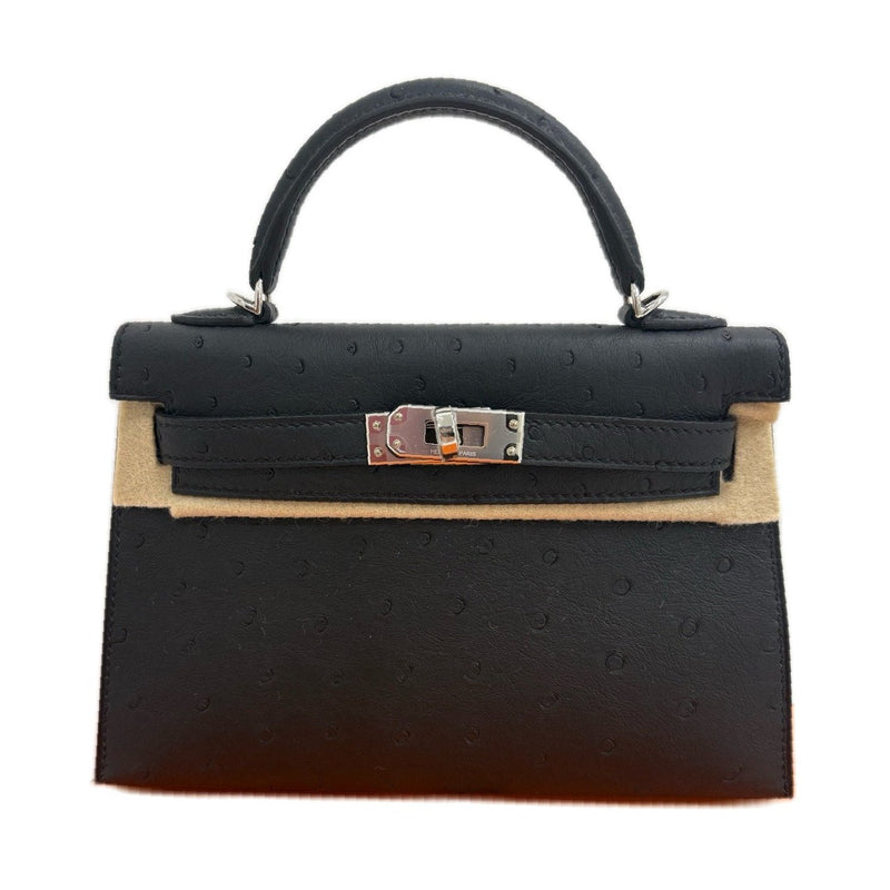 Hermès Mini Kelly II Black Ostrich Silver Hardware G Stamp Brand New Full Set