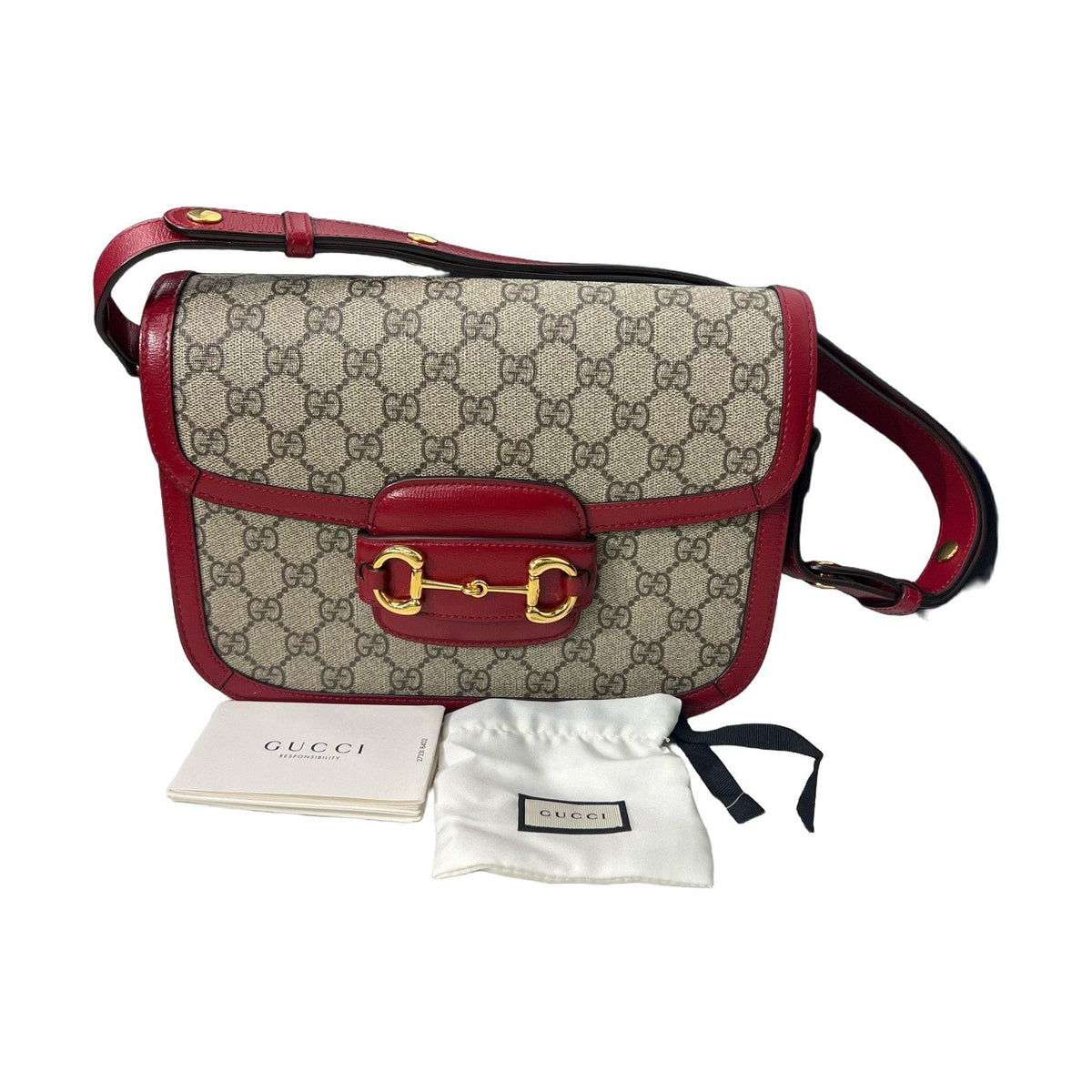 Gucci Medium Horsebit 1955, Red GG Supreme, Shoulder & Crossbody Bag, Code 032