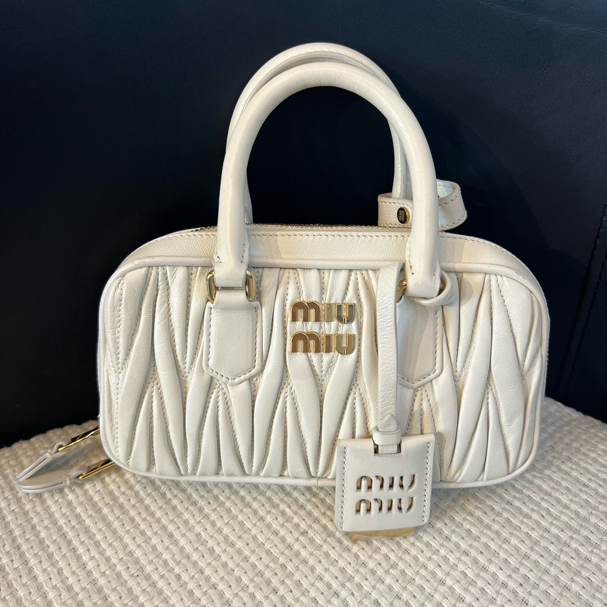 Miu Miu Matelassé White Lambskin Bowling Bag Small, Top Handle & Crossbody