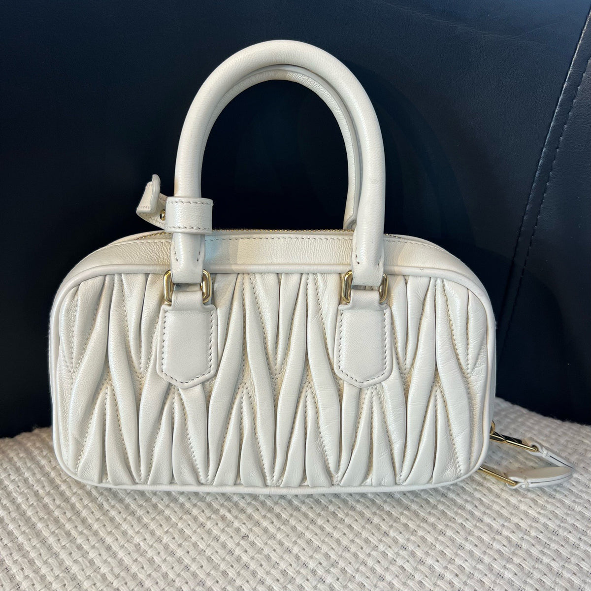 Miu Miu Matelassé White Lambskin Bowling Bag Small, Top Handle & Crossbody