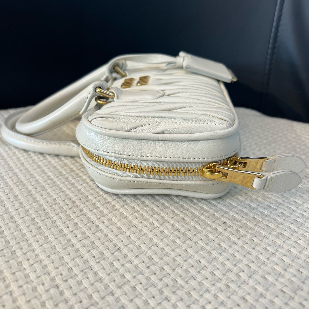 Miu Miu Matelassé White Lambskin Bowling Bag Small, Top Handle & Crossbody