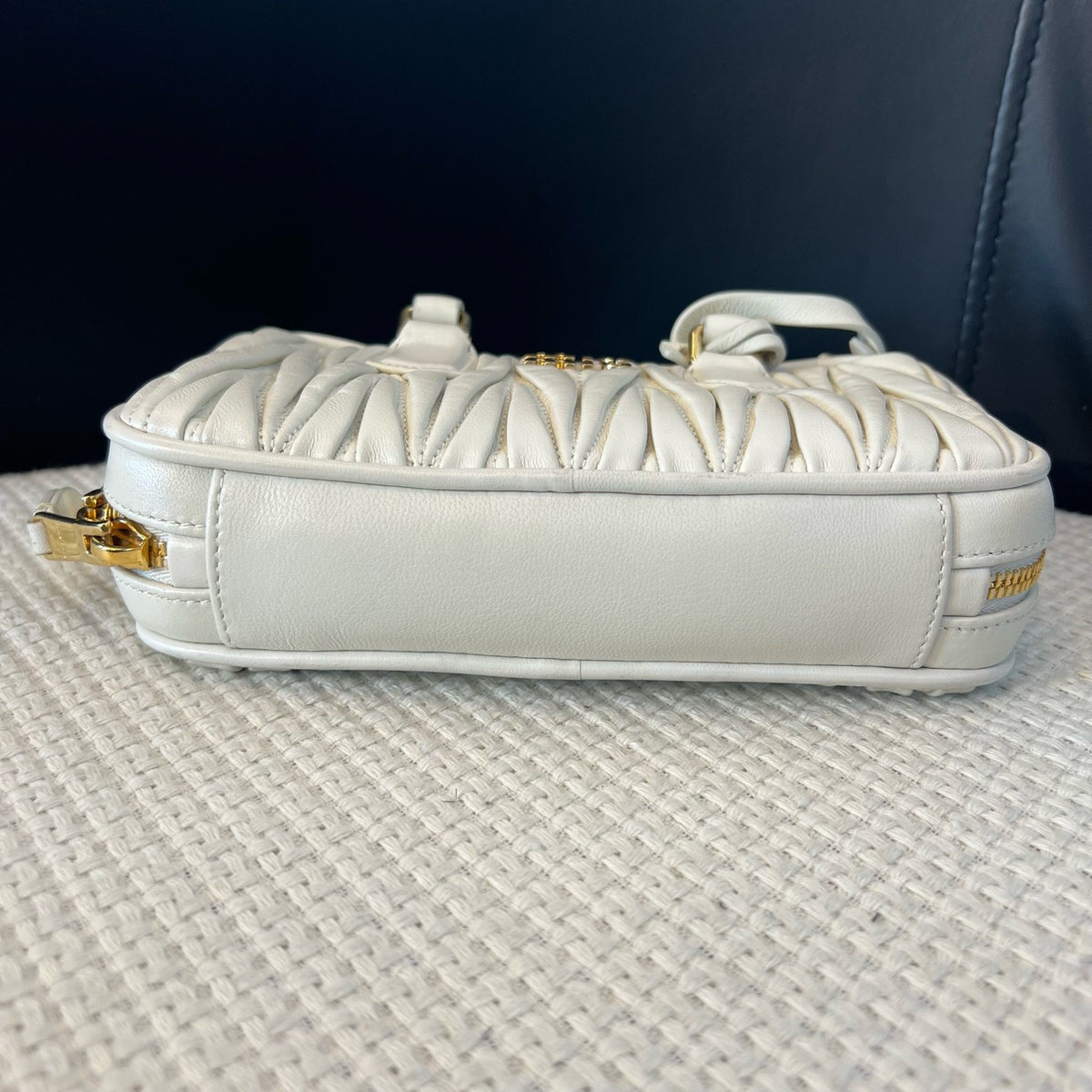 Miu Miu Matelassé White Lambskin Bowling Bag Small, Top Handle & Crossbody