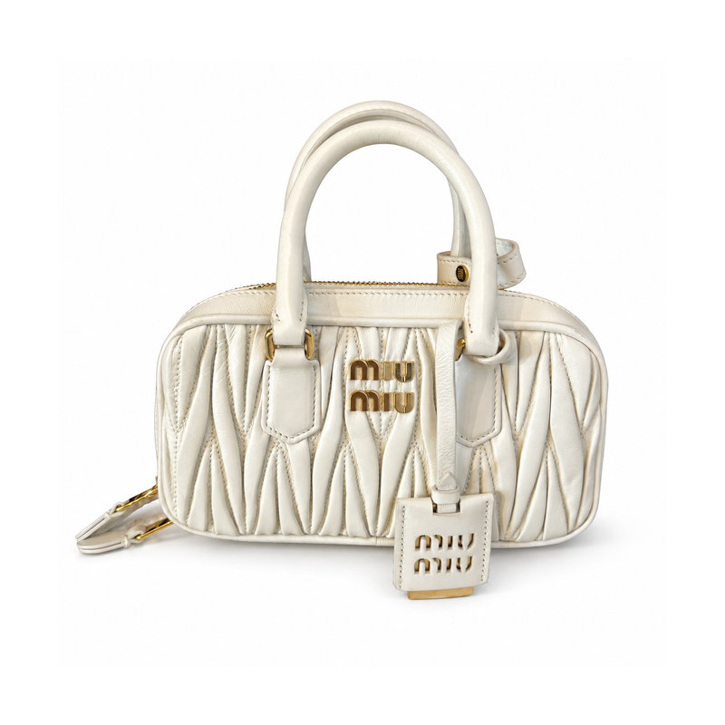Miu Miu Matelassé White Lambskin Bowling Bag Small, Top Handle & Crossbody