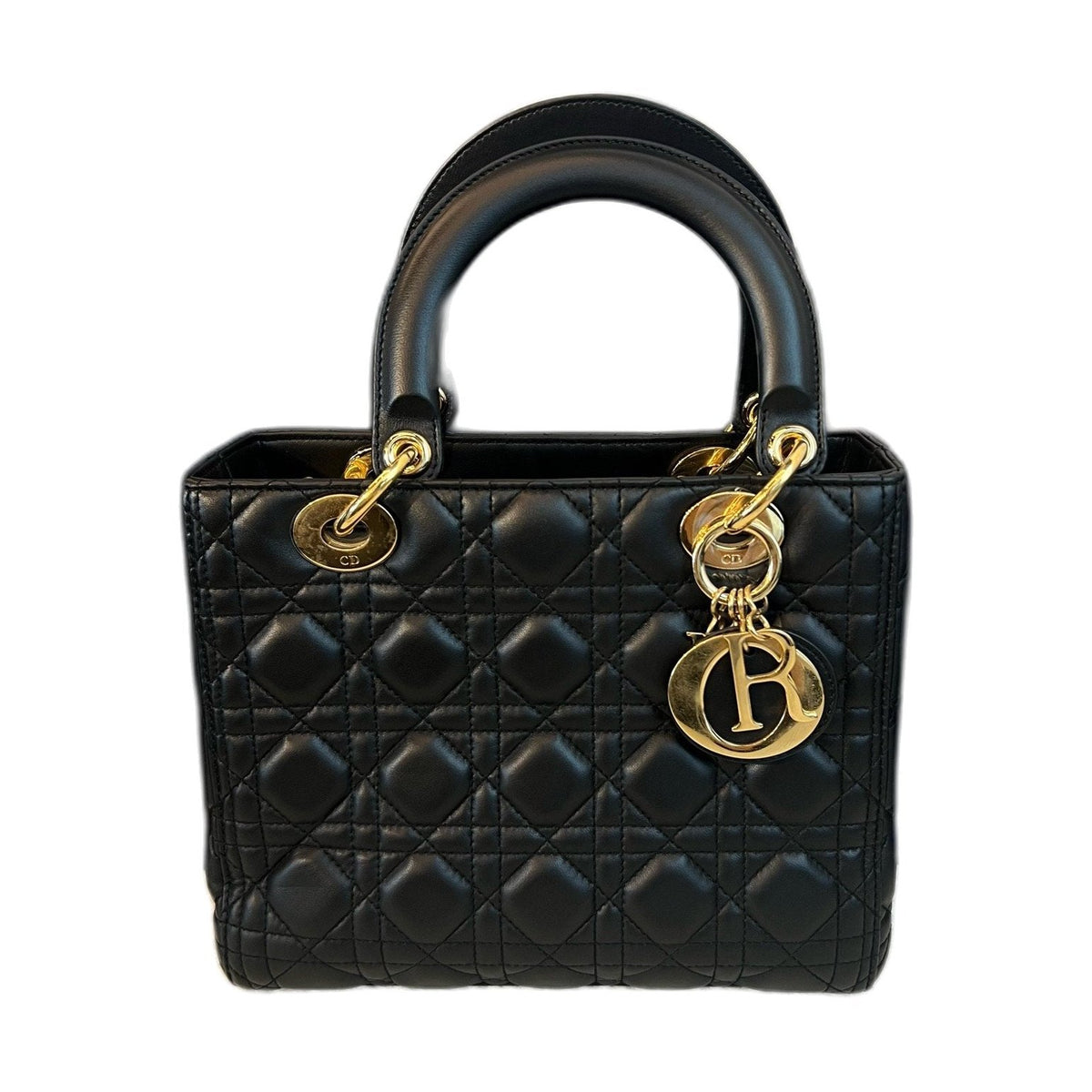 Dior Black & Gold Lambskin Medium Lady Dior Bag, Handbag Shoulder & Crossbody