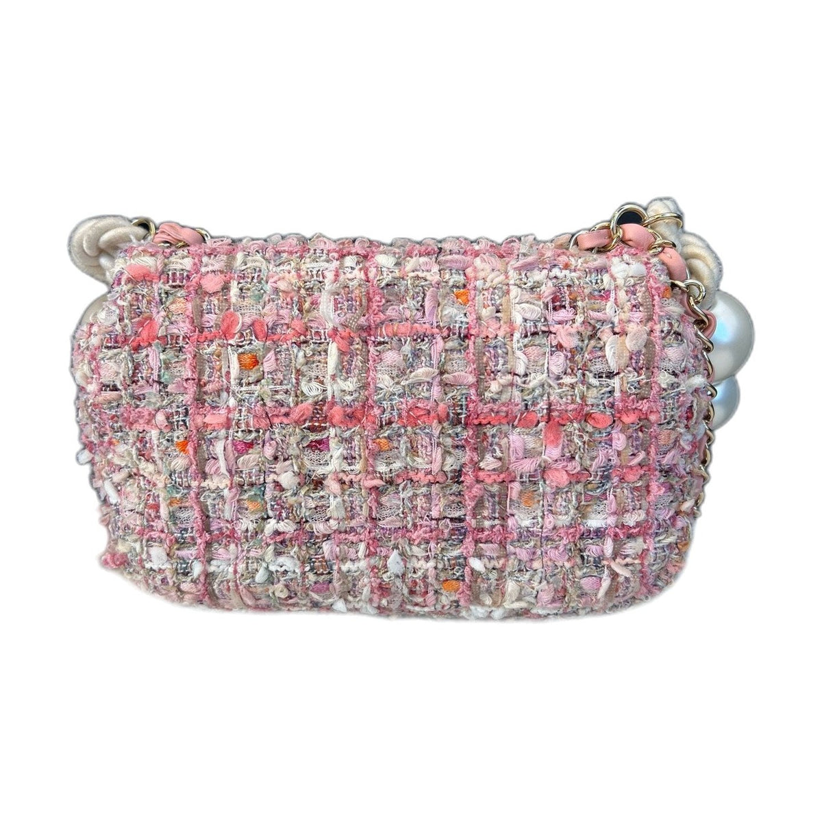 CHANEL Classic Flap CF Pearl Chain, Tweed Flap Crossbody Bag, Series 28