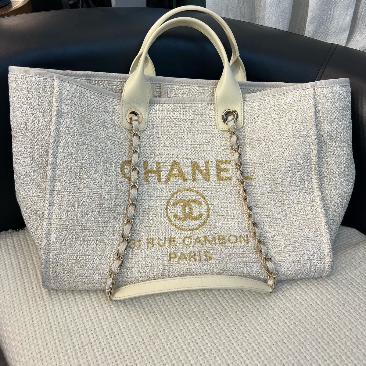 Chanel Gold Thread Woven Beach Tote Bag, Off White, Gold Hardware, Canvas & Leather, Chip Version