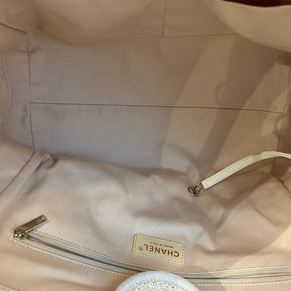 Chanel Gold Thread Woven Beach Tote Bag, Off White, Gold Hardware, Canvas & Leather, Chip Version