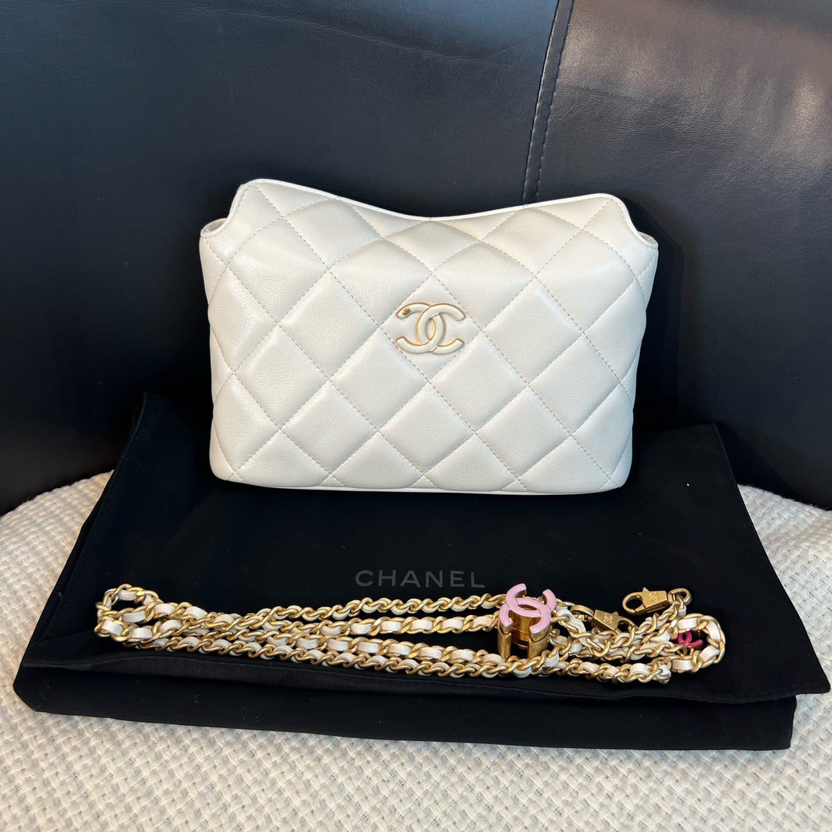 Chanel Double C Adjustable Buckle Lunch Box Bag, White & Gold Lambskin, Chip Version