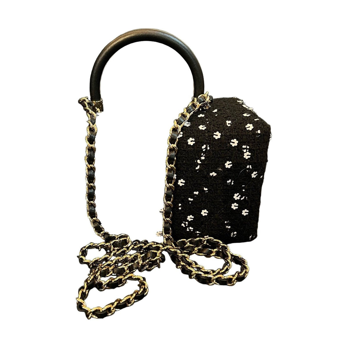 Chanel 23K Small Doctor Bag Black Tweed White Camellia Sequins