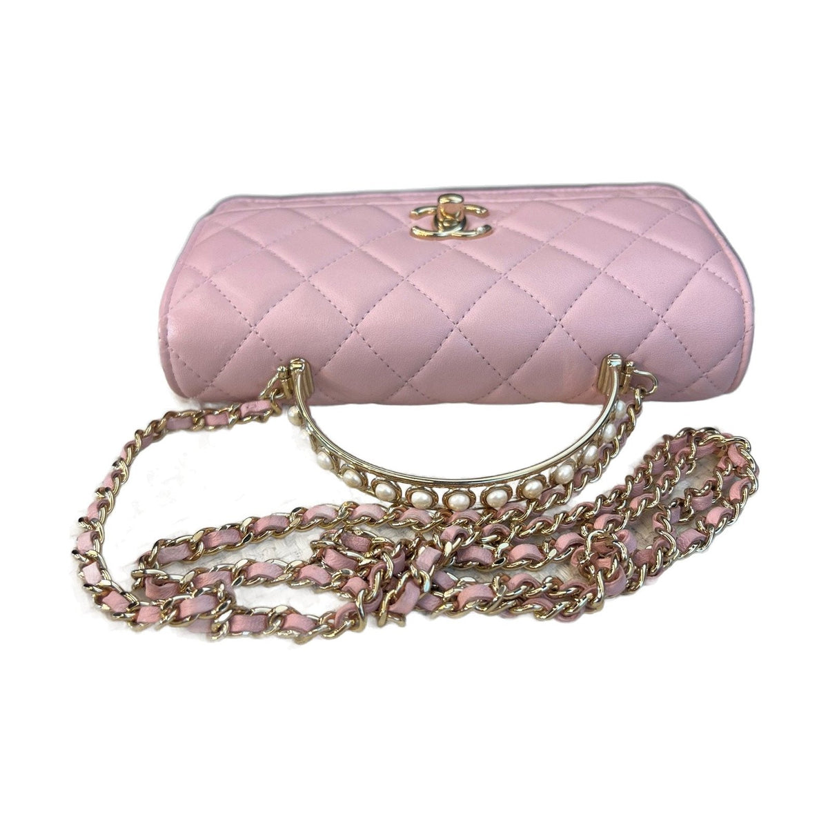 Chanel 24S Pearl Handle Flap WOC, Sakura Pink Lambskin, Crossbody Bag