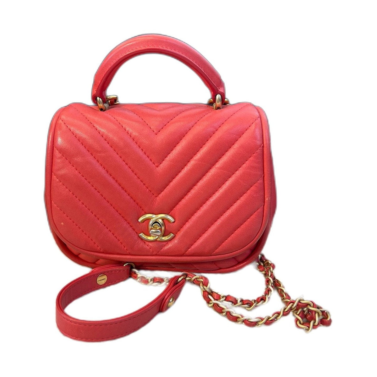 Chanel Red & Gold V-Stitch Handle Chain Bag, Lambskin, Series 24