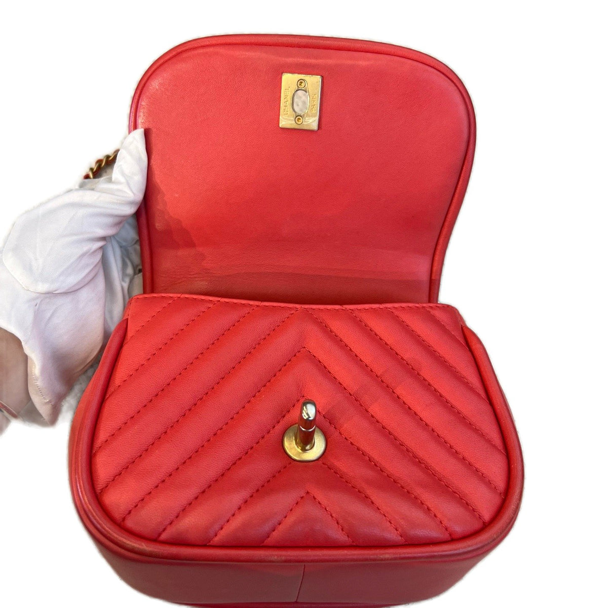 Chanel Red & Gold V-Stitch Handle Chain Bag, Lambskin, Series 24