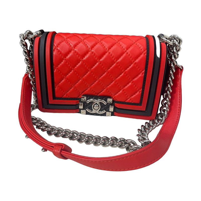 Chanel Le Boy Small, Red & Black Color Block, Silver Hardware, Calfskin Leather Shoulder Bag, 24 Series