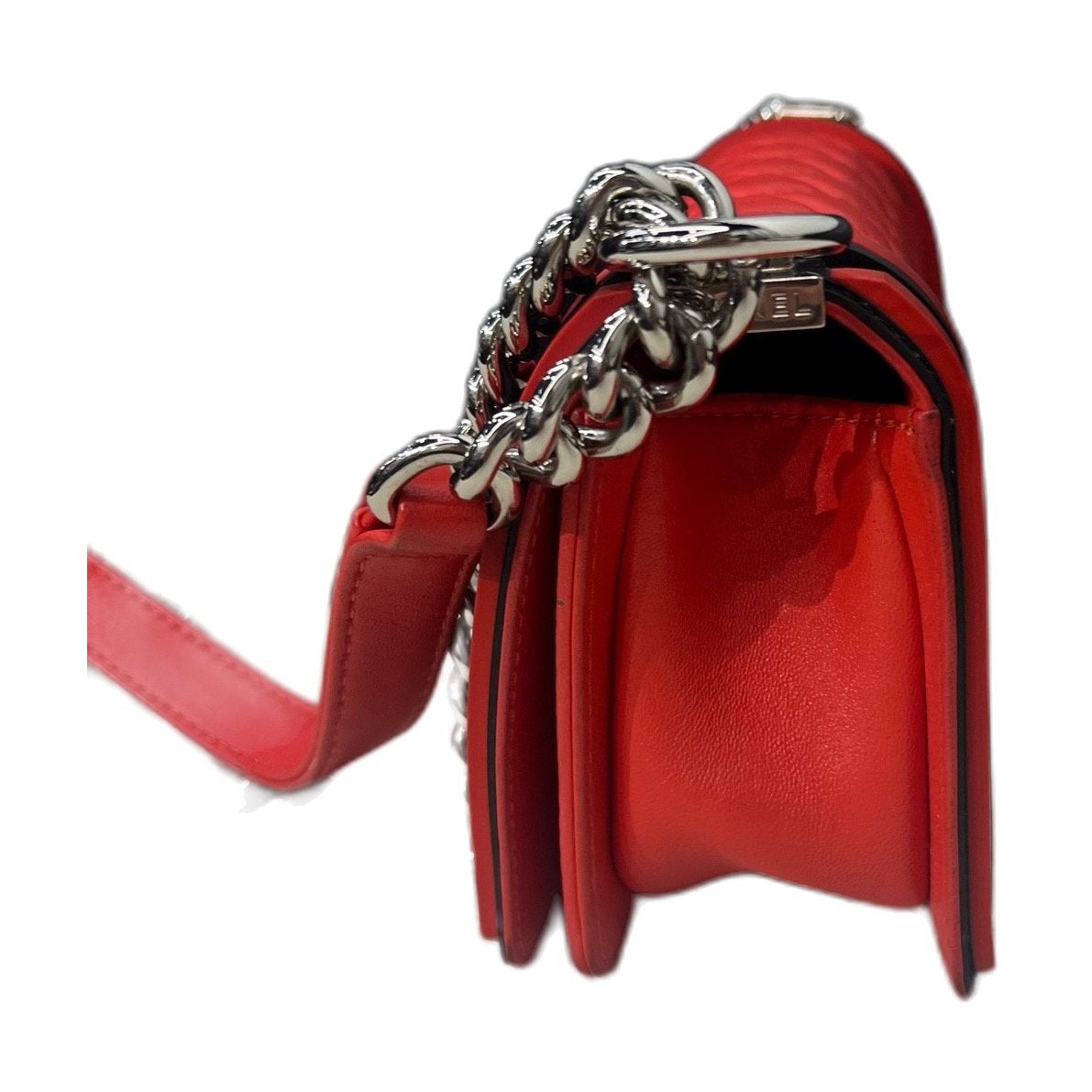 Chanel Le Boy Small, Red & Black Color Block, Silver Hardware, Calfskin Leather Shoulder Bag, 24 Series