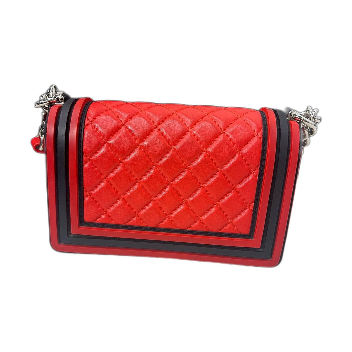 Chanel Le Boy Small, Red & Black Color Block, Silver Hardware, Calfskin Leather Shoulder Bag, 24 Series