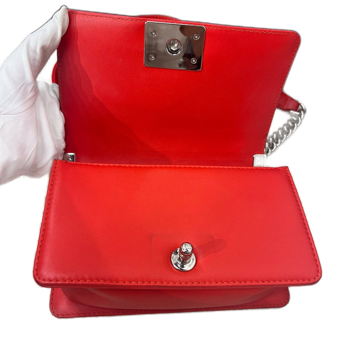 Chanel Le Boy Small, Red & Black Color Block, Silver Hardware, Calfskin Leather Shoulder Bag, 24 Series