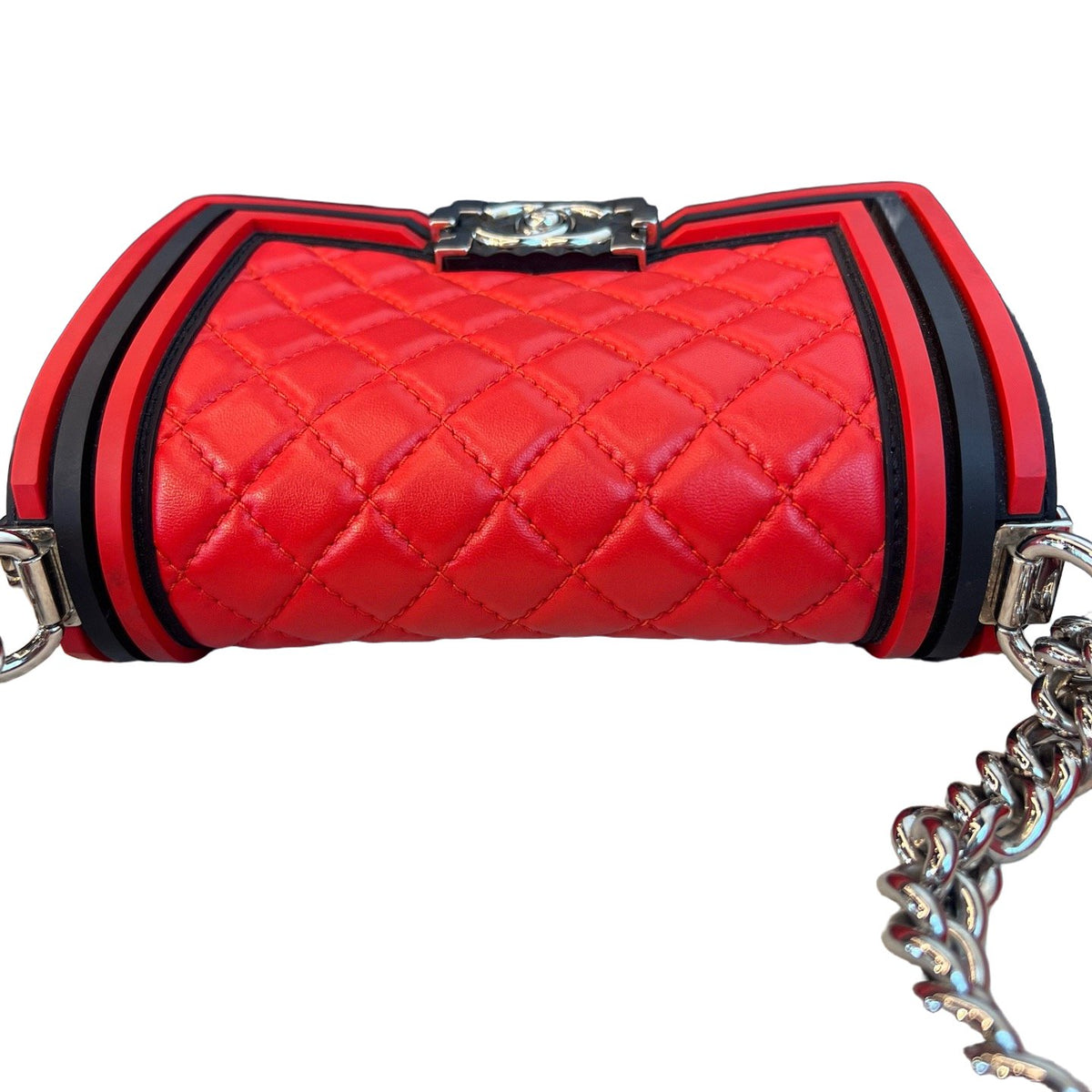 Chanel Le Boy Small, Red & Black Color Block, Silver Hardware, Calfskin Leather Shoulder Bag, 24 Series