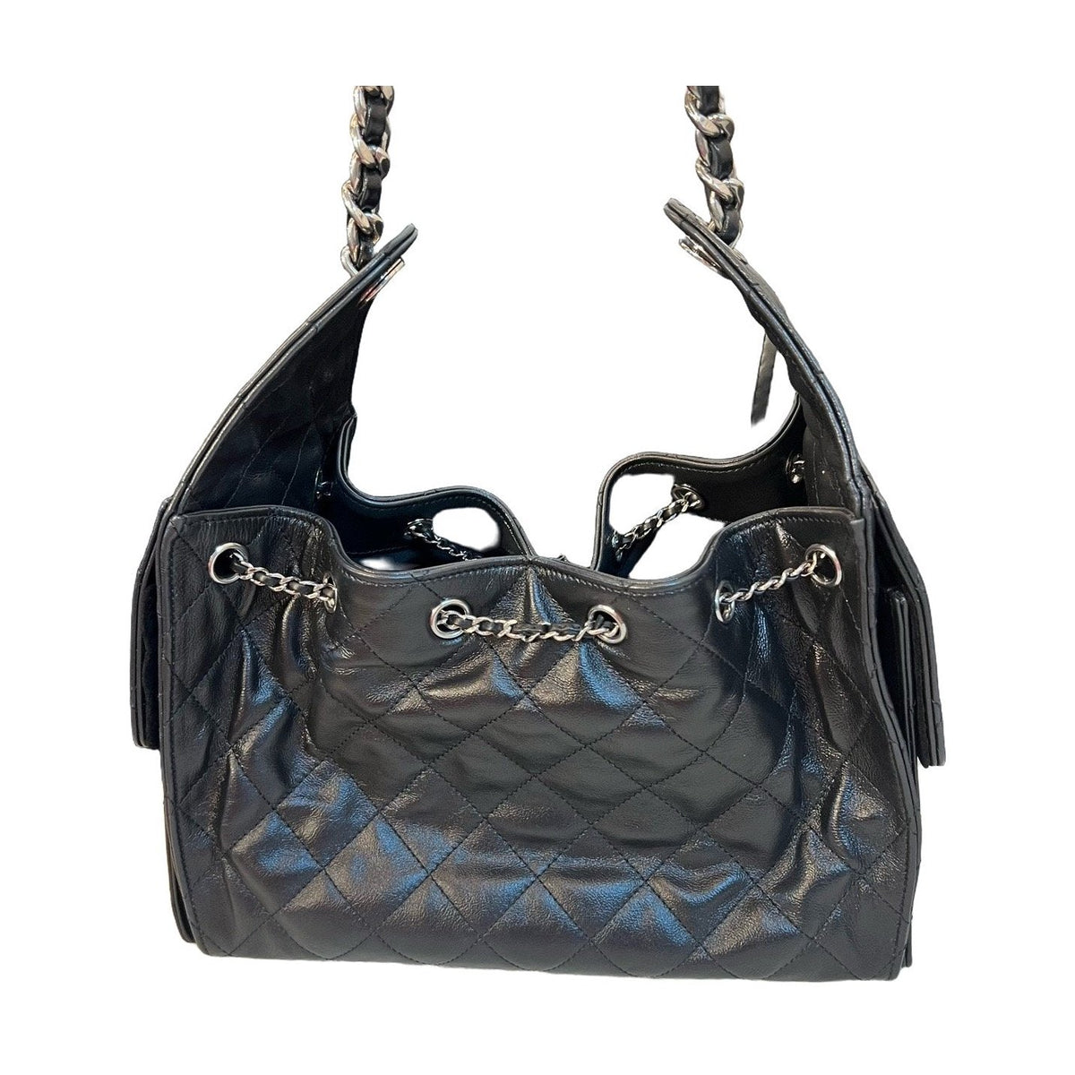 Chanel Small 25 Bag, Black Waxed Calfskin, Silver Hardware