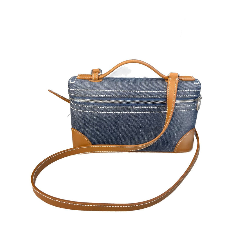 Loro Piana Gold Brown Denim & Leather L19 Lunch Box Handbag Crossbody