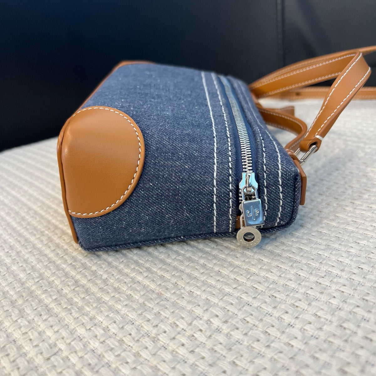 Loro Piana Gold Brown Denim & Leather L19 Lunch Box Handbag Crossbody